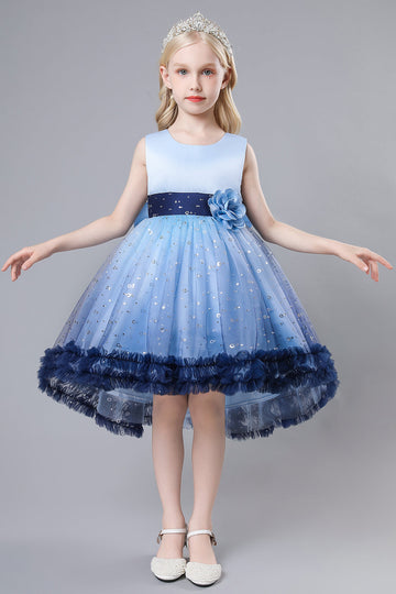 Blue Tulle Glitter Flower Girls Party Dress With Bow
